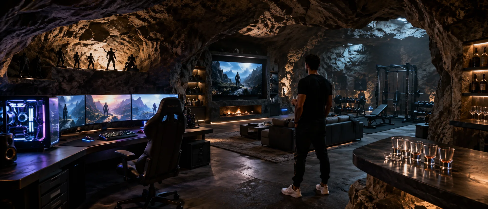 A man in a cave with gaming, lounge, gym, and bar