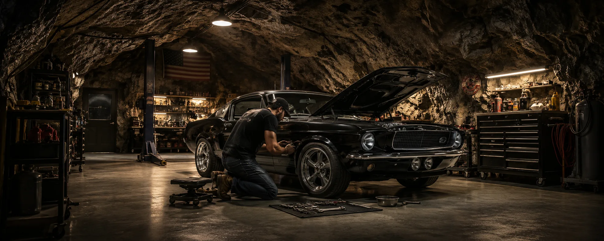 A man working on a classic car inside a cave garage