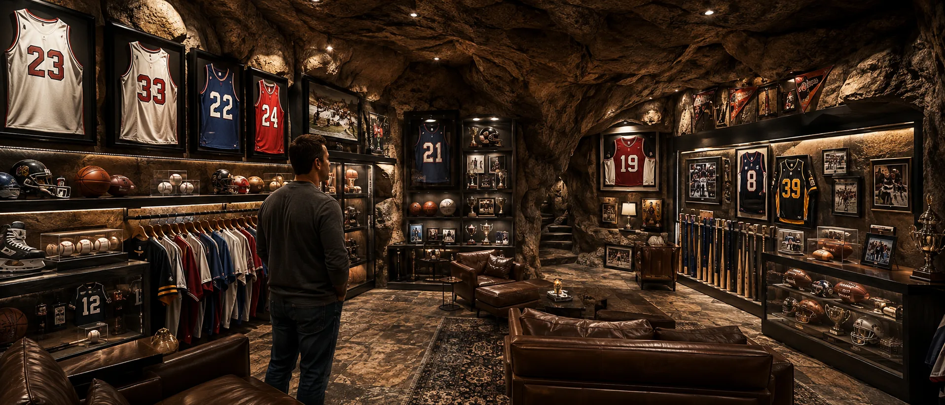 A sports memorabilia and clothing man cave inside a rock cavern