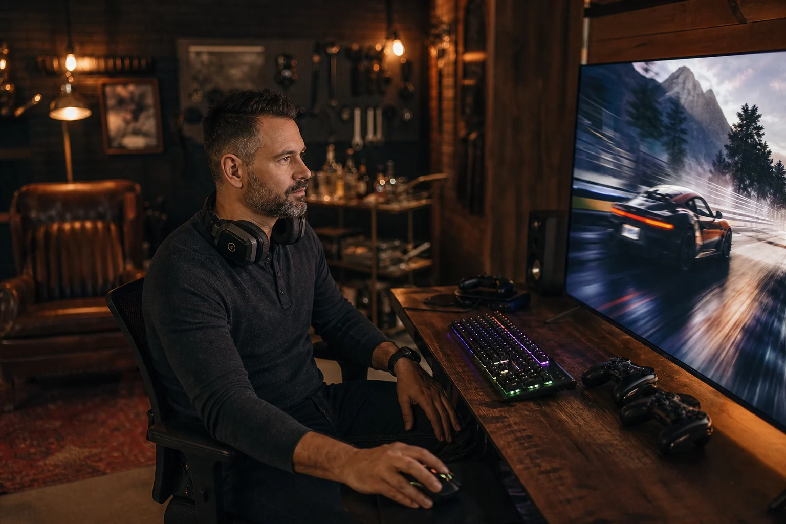 A man at a gaming desk in a cave-style tech room